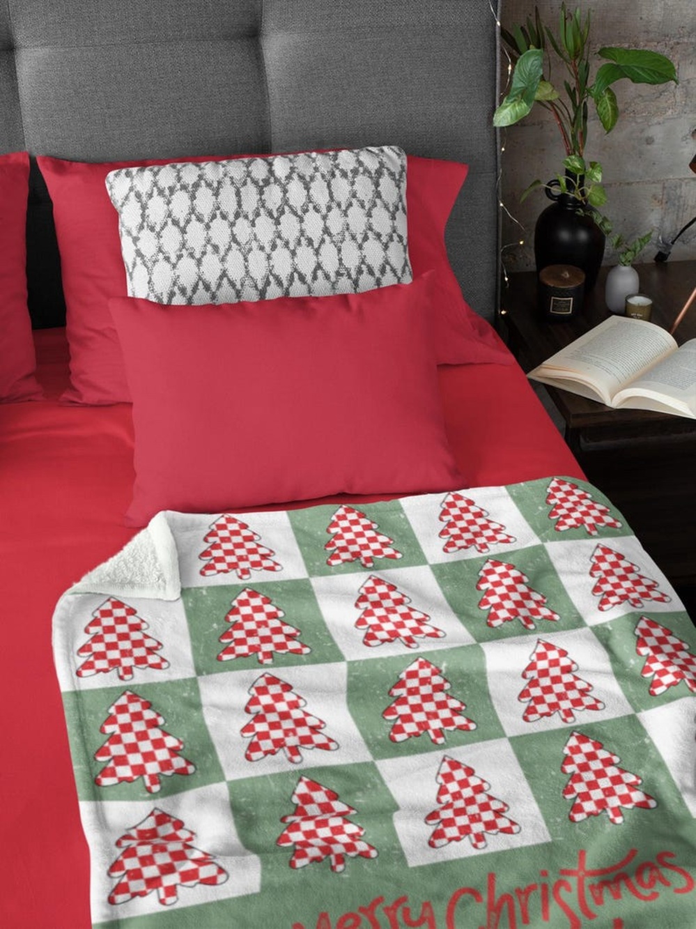 Festive Red & Green Check Christmas Tree Sherpa Throw Blanket